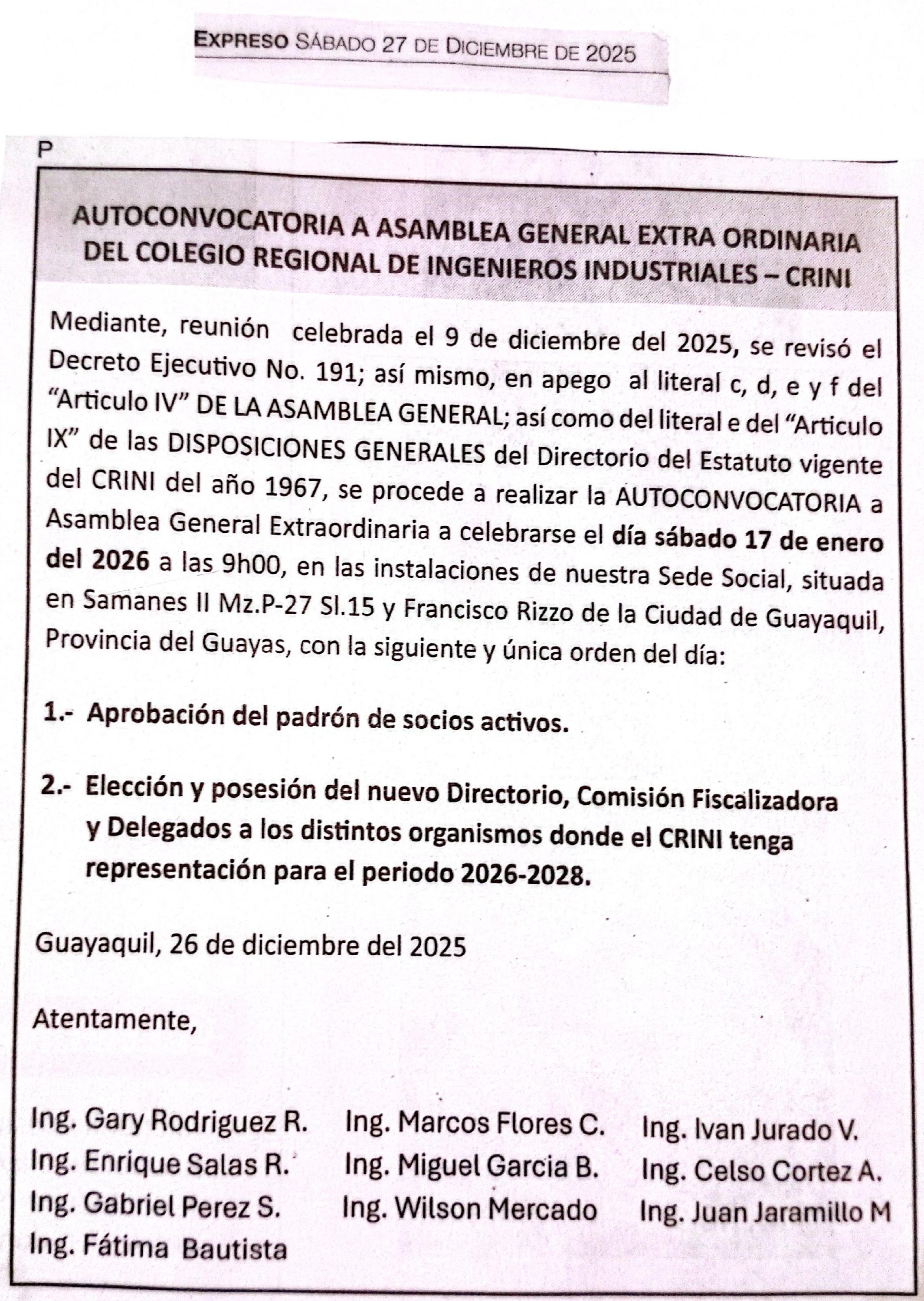 AUTOCONVOCATORIA A ASAMBLEA GENERAL EXTRA ORDINARIA DEL COLEGIO REGIONAL DE INGENIEROS INDUSTRIALES – CRINI